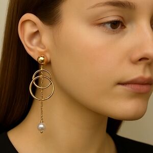 Double Hoop Beaded Drop Earrings – Polished Gold - 3-inch Women’s Jewelry